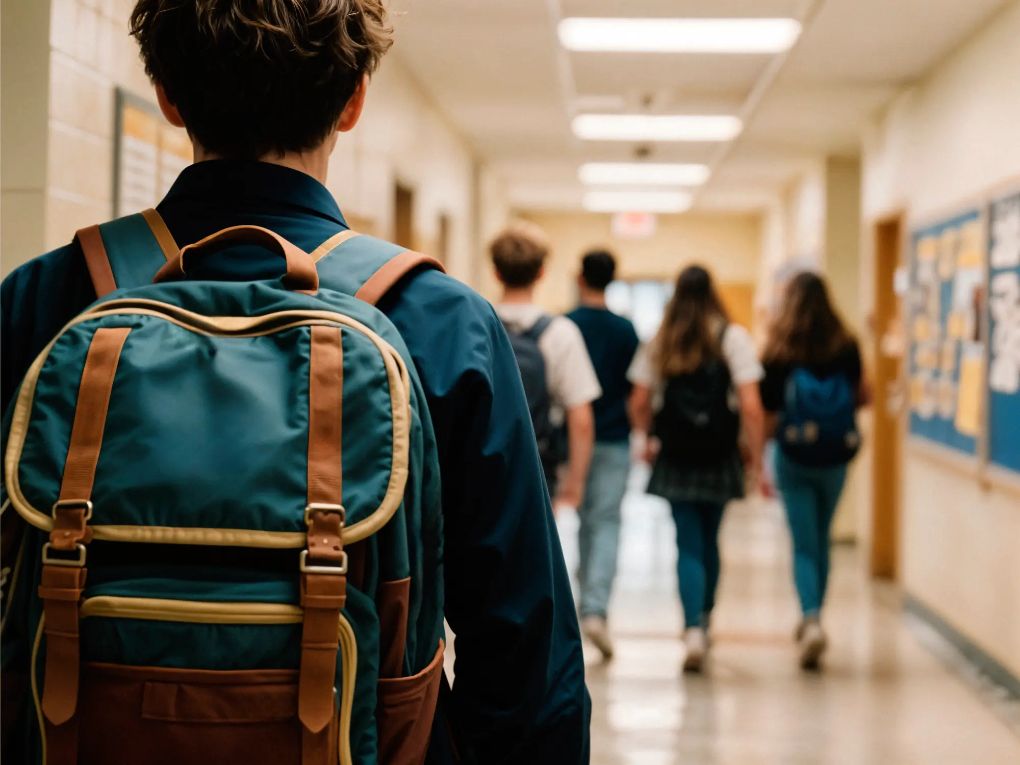 Estudante de costas com mochila caminhando pelo corredor de uma escola.